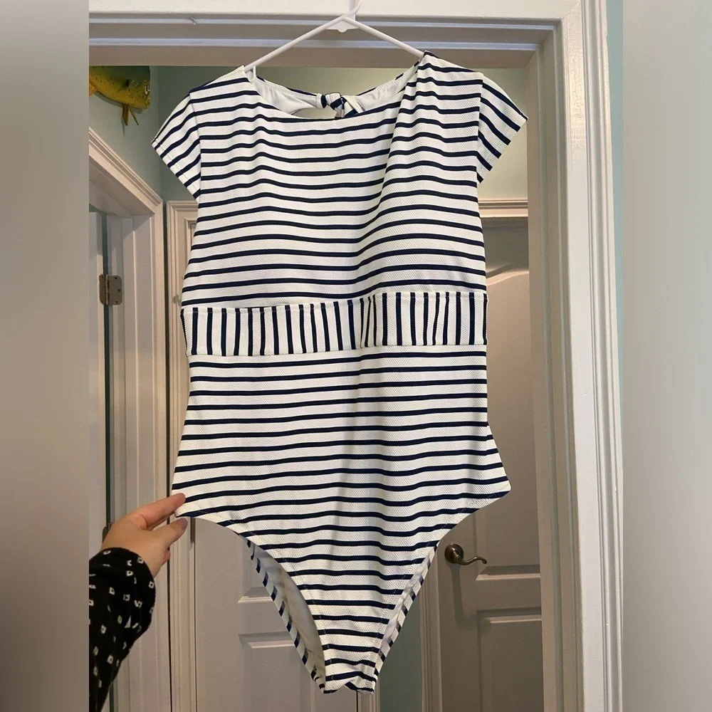 J.Crew Cap-sleeve One Piece Striped Swimsuit